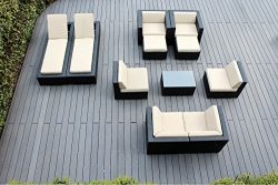 Ohana 11-Piece Outdoor Patio Furniture Sectional and Chaise Lounge Set, Black Wicker with Beige  ...