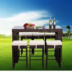 HTTH 7 Piece Outdoor Rattan Wicker Bar Table and Chairs Patio Dining Set (9010-MIX)