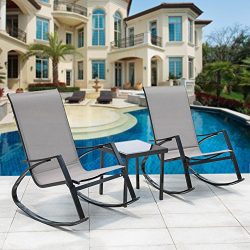 Sundale Outdoor 3Pcs Bistro Set Rocking Lounger Patio Garden Pool 2 Chairs with Glass Table Set