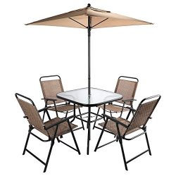 CO-Z 6 Pieces Outdoor Folding Patio Set with Table, 4 Chairs, Umbrella & Built-In Base