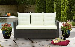 Divano Roma Furniture Outdoor Patio Rattan Bench with Pillows (Brown/Beige)