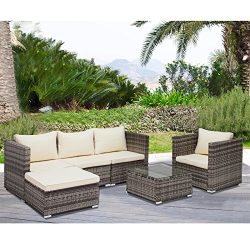 Uenjoy 6PC Outdoor Rattan Wicker Patio Furniture Set Cushioned Sofa & Table Garden Lawn Brown