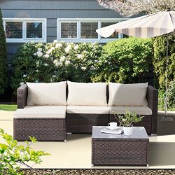 Uenjoy 5PC Outdoor Rattan Wicker Patio Furniture Set Cushioned Sofa & Table Garden Lawn Brown