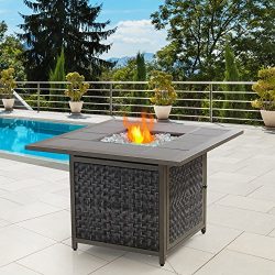 Nuu Garden Outdoor 37” Patio Square LP Gas Rattan Wicker Tile top Fire Pit Table, 50,000 BTU
