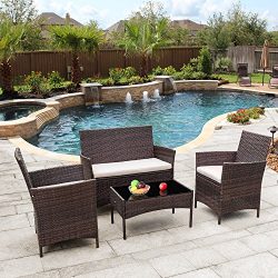 Flamaker Outdoor Furniture Patio Set Cushioned PE Wicker Rattan Chairs with Coffee Table 4 PCS f ...