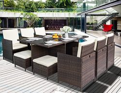 Leisure Zone 11-Piece Outdoor PE Rattan Wicker Patio Dining Table Set Garden Outdoor Patio Furni ...