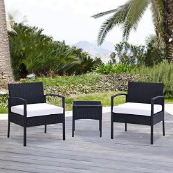 Uenjoy 3PC Outdoor Rattan Wicker Patio Furniture Set Cushioned Sofa & Table Garden Lawn Black