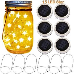 Solar Mason Jar Lid Lights,6 Pack 15 Star Shape LEDs Fairy Firefly String Jar lights,6 Mason Jar ...