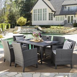 Cerrenne Outdoor 7 Piece Grey Wicker Rectangular Dining Set with Light Grey Water Resistant Cushions