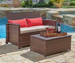 Suncrown Outdoor Furniture Wicker Love-seat with Coffee Table (2-Piece Set) Built-in Storage Bin ...