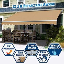 BenefitUSA AWN Manual Retractable Patio Deck Cover Sunshade Canopy (12′ x 8′) (Beige)