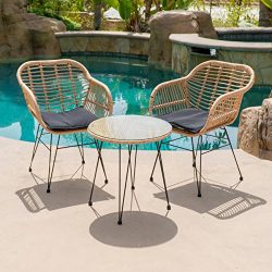 Belleze 3-pieces Outdoor Patio Wicker Chair Bistro Set Cafe Coffee Table UV Resistant w/Cushion, ...