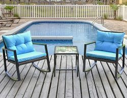 Leisure Zone Outdoor Patio 3 PCS Wicker Rocking Bistro Set Porch Deck Rockers with Coffee Table  ...