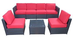 MCombo 6085 7 PC Cozy Outdoor Garden Patio Rattan Wicker Furniture Sectional Sofa (Red)