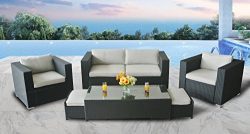 StellaHome Outdoor Patio Furniture Sectional Wicker 6Pcs Sofa Couch Set Waterproof Cushioned w/F ...