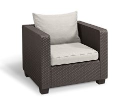 Keter Salta All Weather Outdoor Patio Armchair with Sunbrella Cushions in a Resin Plastic Wicker ...