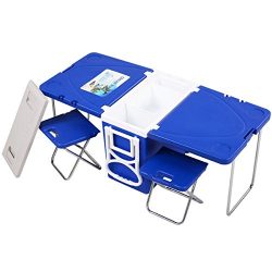 Giantex Multi Function Rolling Cooler Picnic Camping Outdoor w/Table & 2 Chairs Blue