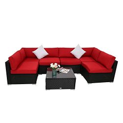 Peachtree Press Inc 7 PCs Outdoor Patio PE Rattan Wicker Sofa Sectional Furniture Set With Red C ...