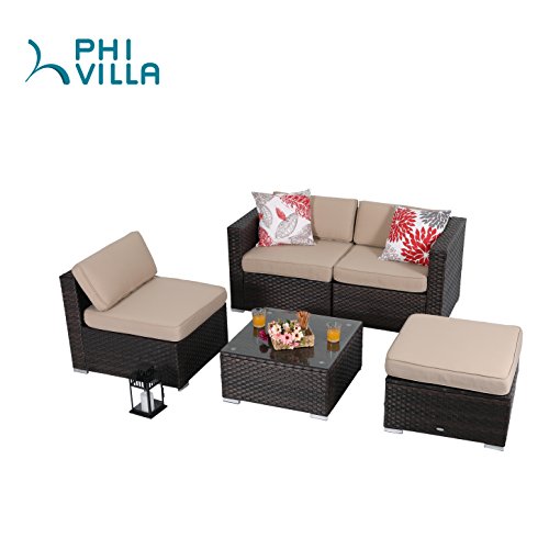 PHI VILLA 5Piece Patio Furniture Set Rattan Sectional Sofa with Seat