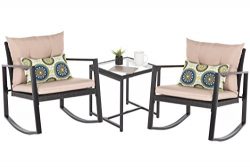 OAKVILLE FURNITURE 61503 Patio 3-Piece Rattan Rocking Bistro Set, Outdoor Furniture Sets with Ru ...