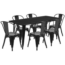 Flash Furniture 31.5” x 63” Rectangular Black Metal Indoor-Outdoor Table Set with 6  ...