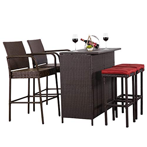 Cloud Mountain 5 PC Patio Bar Set Outdoor Wicker Rattan Bar Stool