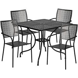 Flash Furniture 35.5” Square Black Indoor-Outdoor Steel Patio Table Set with 4 Square Back ...