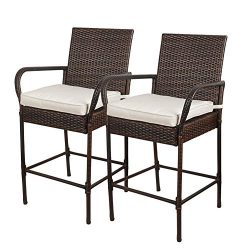 Sundale Outdoor 2 Pcs All Weather Patio Furniture Set Brown Wicker Barstool with Beige Cushions, ...