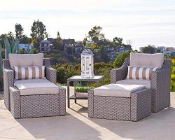 Solaura 5-Piece Outdoor Furniture Set Grey Wicker Lounge Chair & Ottoman with Neutral Beige  ...