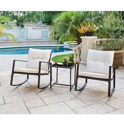 Solaura Outdoor Furniture 3-Piece Bistro Set Brown Wicker Patio Rocking Chairs with Beige Cushio ...