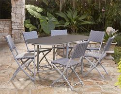 Cosco Outdoor Dining Set with Chair Storage, Folding, 7 Piece, Navy and Gray Resin Wicker