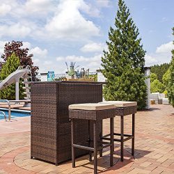 Sunnydaze Melindi 3-Piece Wicker Rattan Outdoor Patio Bar Set Tan Cushions