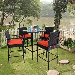 Leaptime Garden Bar Furniture 5pcs Black Rattan Bar Table and Stools Set Patio Outdoor Wicker Di ...