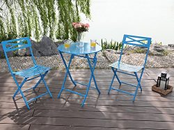 Captiva Designs Outdoor Patio Stable Steel Bistro Folding Table and Chair Furniture 3 Set,Blue