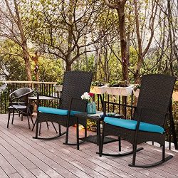 Kinbor 3PCS Outdoor Rattan Rocker Chair Side Tea Table Set Garden Rocking Wicker Lounge w/Remova ...