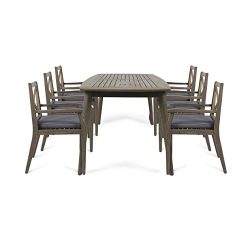 Great Deal Furniture Harvey Outdoor 7 Piece Acacia Wood Dining Set, Gray