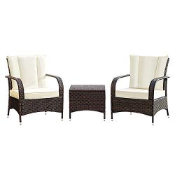 TANGKULA 3 Piece Patio Furniture Set Wicker Rattan Outdoor Patio Conversation Set with 2 Cushion ...