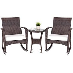 TANGKULA 3PCS Outdoor Patio Wicker Rattan Rocker Chairs and Side Table Set Rocking Sofa W/Cushio ...