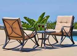 Solaura Rocking Bistro Set 3-Piece Black Steel Outdoor Furniture with Beige Cushion & Glass  ...