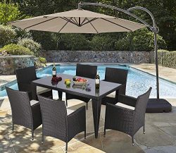 Do4U 7PCS Patio Wicker Rattan Garden Dinning Set Rectangle Table with Glass and 6 Chairs Outdoor ...