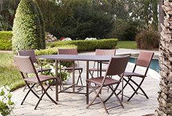 Cosco Outdoor Dining Set with Chair Storage, Folding, 7 Piece, Dark Brown and Red Wicker