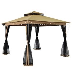 SUNLONO 10 x 10 Ft Outdoor Fabric/Steel Gazebo 2-Tiered Top Canopy with Mosquito Netting Screen  ...