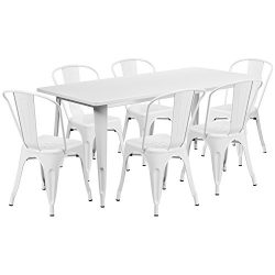 Flash Furniture 31.5” x 63” Rectangular White Metal Indoor-Outdoor Table Set with 6  ...