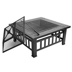 FCH 32″ Outdoor Square Fire Pit with BBQ Rack, Rain Cover, Spark Screen Top and Poker Meta ...