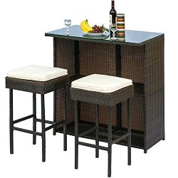 Leisure Zone 3 Piece Outdoor Patio Rattan Bar Set with Cushion Garden Barstool Furniture Set