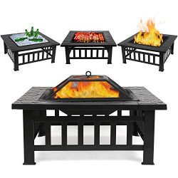 FIXKIT Fire Pit Table Outdoor with BBQ Grill Shelf, Multifunctional Garden Terrace Fire Bowl Hea ...