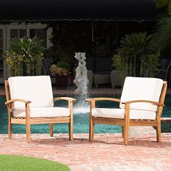 Preston Outdoor Wooden Club Chairs w/Beige Cushions (Set of 2)