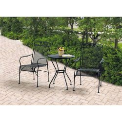 Wrought Iron 3 Piece Chairs & Table Patio Furniture Bistro Set, Black, Seats 2