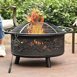 PHI VILLA 29″ Fire Pit Large Steel Patio Fireplace Chevron Cutouts Portable, Poker & S ...