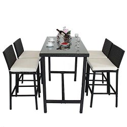 Leaptime Patio Bar Set Furniture Dining Set Rattan 5pcs Table Chairs PE Wicker Bar Set Stools Ta ...